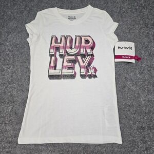 Hurley Girls T-Shirt‎ Glitter Logo Graphic Tee Hair Tie Sail White Size M 10-12